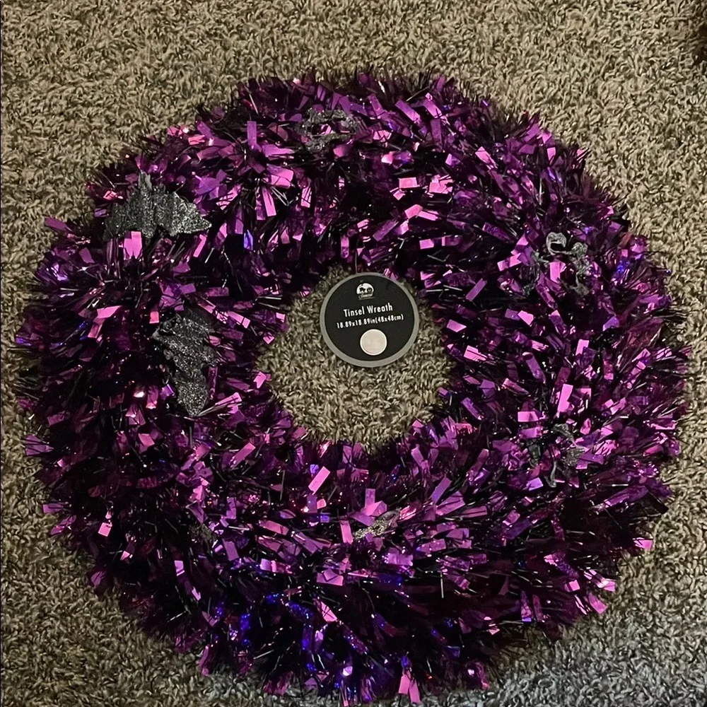 Halloween Plastic Purple and Black Bat Tinsel Wreath